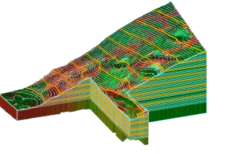 3D geological model showing layered rock strata in various colors, with contour lines (ideal for detailed topographic surveying) highlighting surface and subsurface features. The model displays complex folding and faulting patterns throughout the formation.