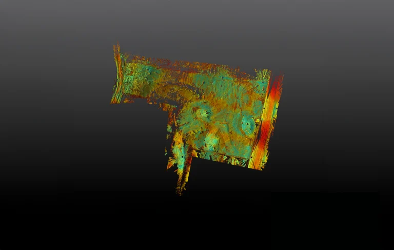 Abstract digital artwork simulating a topographic survey, featuring layered textured patterns of green, yellow, orange, and red forming a roughly rectangular shape on a dark gray gradient background. The image has an organic, weathered look