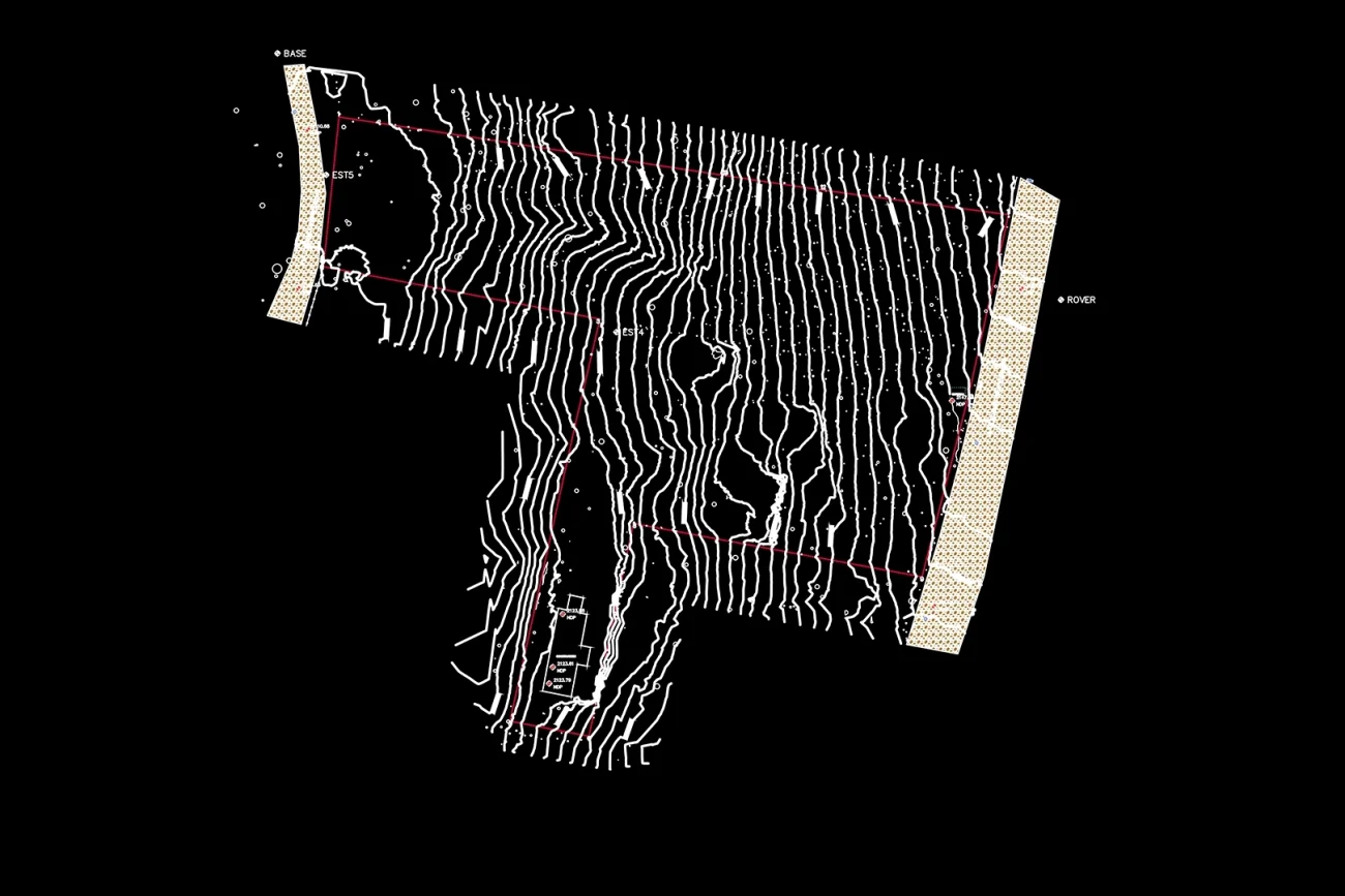 A black background map shows white contour lines, a red dashed route, labeled points, and textured beige areas.