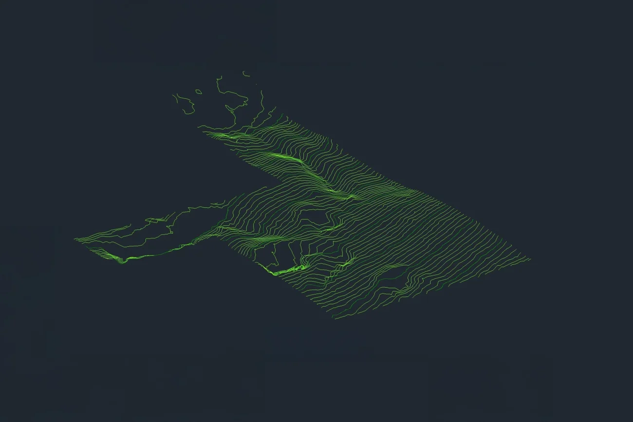 The digital rendering of neon green topographic contour lines forms a stylized three-dimensional landscape on a dark background, evoking the precision of a topographic survey and creating a striking geometric terrain effect.