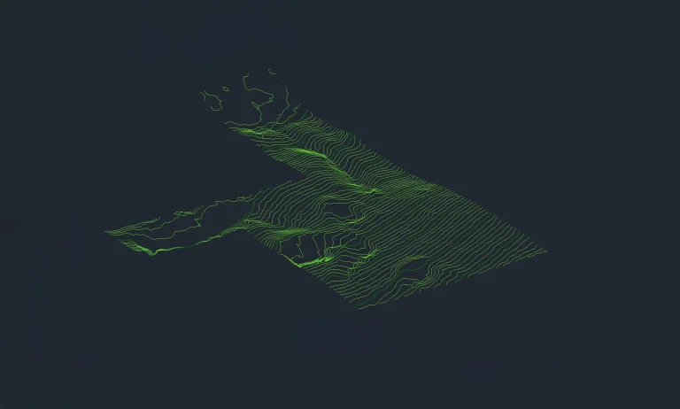 The digital rendering of neon green topographic contour lines forms a stylized three-dimensional landscape on a dark background, evoking the precision of a topographic survey and creating a striking geometric terrain effect