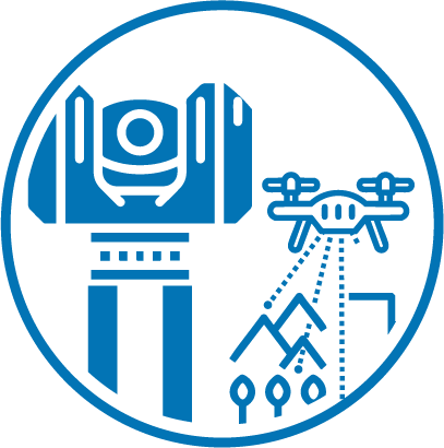 Blue icon showing a surveillance camera and a drone flying over trees, mountains, and buildings.