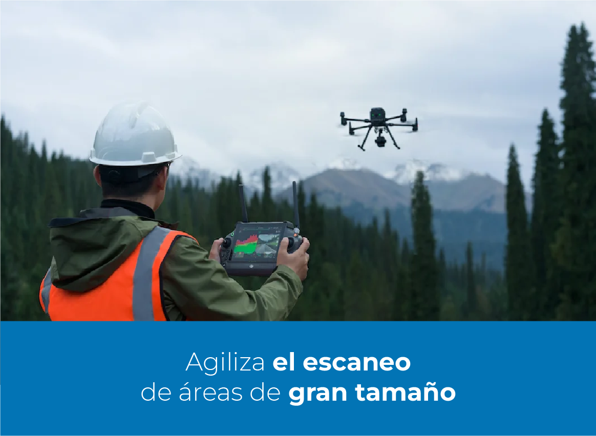 Persona con casco y chaleco de seguridad opera un dron con control remoto en un área boscosa, con montañas al fondo. Text in English highlights the use of Láser LiDAR Scanner for Construction for efficient scanning of large surfaces.