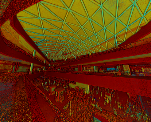 Wide-angle view of the modern indoor atrium at Sentura Shopping Center in Tlalnepantla, featuring open floors, a geometric glass ceiling, lush plants, and vibrant seating areas—all bathed in bold red and yellow hues