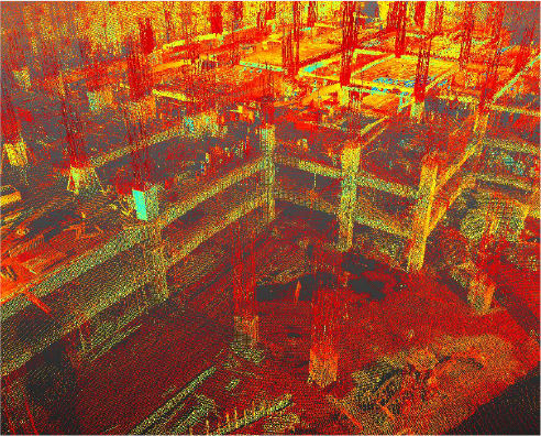 A colorful 3D point cloud image of the Sentura Shopping Center in Tlalnepantla under construction, with scattered red, yellow, and green dots representing structural elements and scaffolding