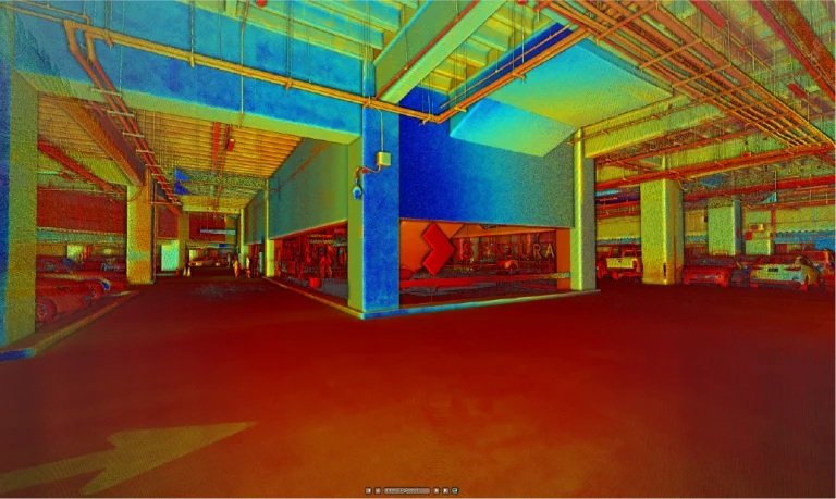 A vibrantly colorized digital rendering of an underground parking garage at Sentura Shopping Center in Tlalnepantla, featuring cars along the sides and a prominent blue and red wall with signage in the background