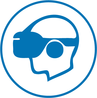 Contorno azul de una cabeza humana de perfil con gafas de realidad virtual, encerrada en un círculo azul sobre fondo blanco