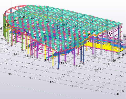 3D structural model of the Sentura Shopping Center in Tlalnepantla, featuring a steel frame, color-coded beams and columns, displayed on a grid with labeled axes and levels to illustrate architectural and engineering details