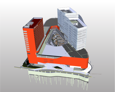 A 3D architectural rendering shows two modern multi-story buildings, one red and one white, at Sentura Shopping Center in Tlalnepantla, connected by a central glass-capped atrium, with surrounding roadways and visible building foundations