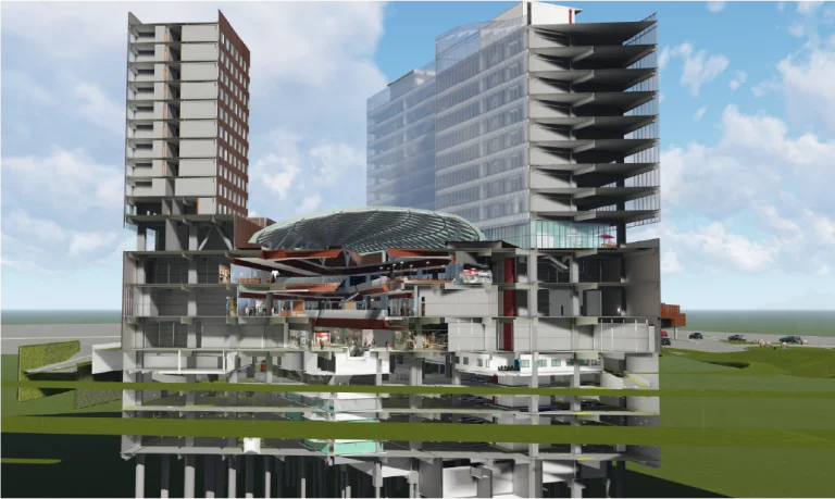 Vista transversal de un moderno edificio de varios pisos inspirado en el Centro Comercial Sentura en Tlalnepantla, con pisos interiores visibles, habitaciones y una gran cúpula de vidrio en el centro, rodeado de torres en un paisaje de pasto bajo un cielo azul