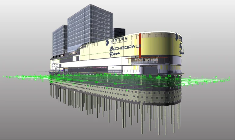 Una representación arquitectónica en 3D del moderno Centro Comercial Sentura en Tlalnepantla, con torres de vidrio, señalización comercial y pilotes de cimentación debajo del nivel del suelo resaltados por líneas de cuadrícula estructural verdes