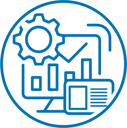 Ícono de línea azul que muestra un monitor de computadora con gráficos de barras, un engranaje, una marca de verificación y un documento, que representa el análisis de datos, dentro de un borde circular.