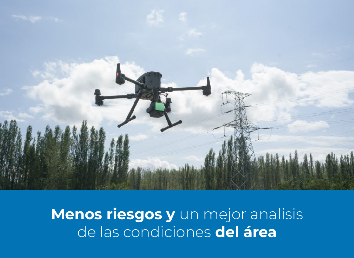Un dron equipado con Escáner Láser LiDAR para la Construcción vuela cerca de una torre de alta tensión y árboles, bajo un cielo despejado. Abajo, un texto en español destaca beneficios como menor riesgo y mejor análisis del área.