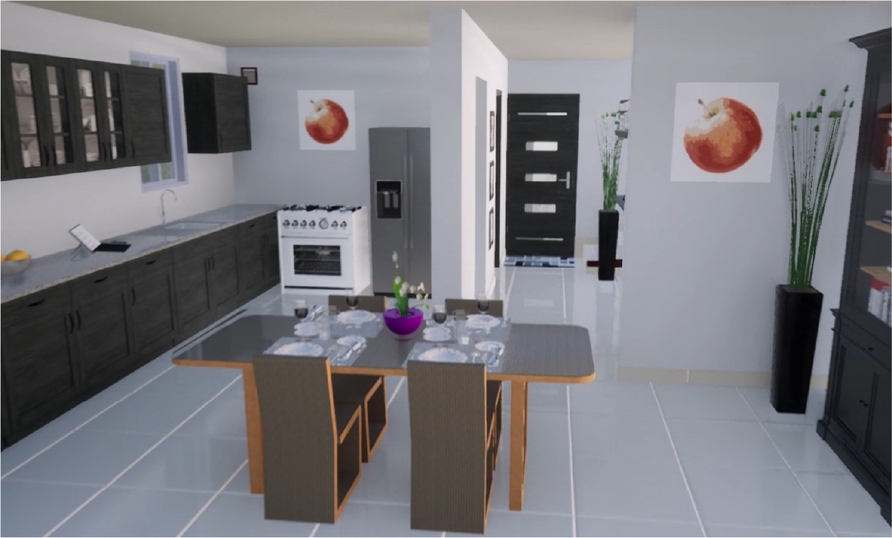 Modern kitchen and dining area with dark cabinets, a stove, refrigerator, and a glass-top table for four. In this Puerta de Hierro residential development, apple artwork and tall plants add style to the white-tiled space.