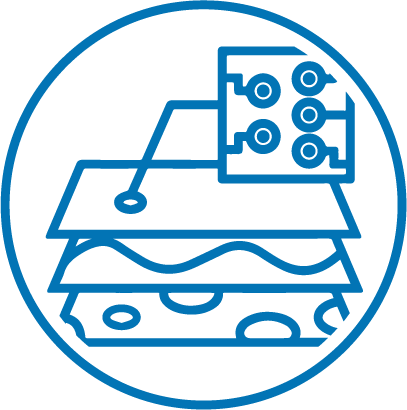 Un dibujo de línea azul muestra tres capas apiladas, con circuitos en la capa superior y patrones ondulados debajo, que representan componentes o materiales electrónicos en un borde circular