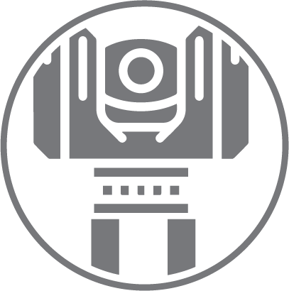 A gray terrestrial laser scanner is centered within a circular border