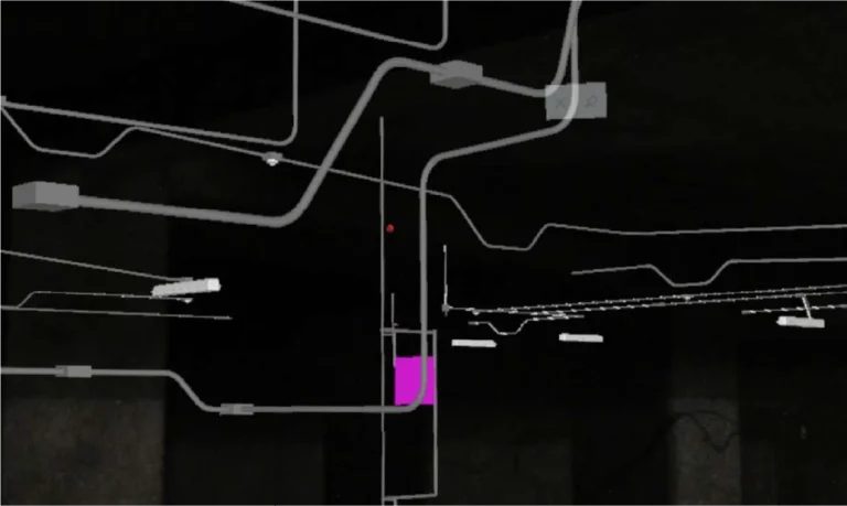 Una representación digital muestra una red de tuberías y cables grises sobre un fondo oscuro, con una sección resaltada en púrpura, evocando la intrincada infraestructura de lugares como el Centro Comercial Sentura en Tlalnepantla