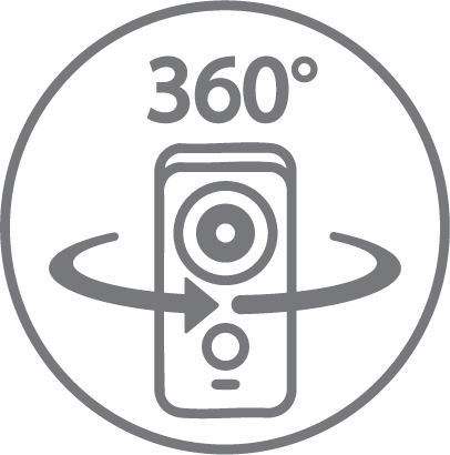 Ícono gris de una cámara con flechas circulares a su alrededor, rodeado por un círculo y el texto 360° encima, que simboliza una cobertura de sonido inmersiva de 360 ​​grados