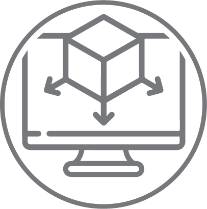 Un dibujo de línea gris de un monitor de computadora que muestra un cubo 3D con tres flechas apuntando hacia afuera, encerrado en un círculo