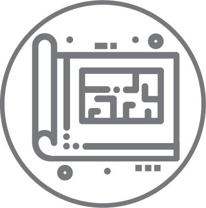 Un ícono circular de color gris presenta un plano arquitectónico enrollado con formas y líneas geométricas, que simboliza un plano de edificio, rodeado de pequeños puntos decorativos.