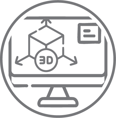 Dibujo de línea gris de un monitor de computadora que muestra un cubo 3D con flechas que indican las dimensiones, la etiqueta 3D dentro del cubo y una barra lateral rectangular