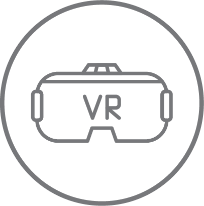 Un simple contorno gris de gafas de realidad virtual (VR) con las letras VR en el frente, encerrado dentro de un borde circular sobre un fondo blanco