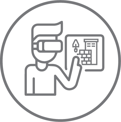 Dibujo lineal de una persona que usa gafas de realidad virtual, apuntando a una interfaz flotante con íconos, todos encerrados en un borde circular, perfecto para mostrar la innovación tecnológica en el Aeropuerto Internacional CDMX.