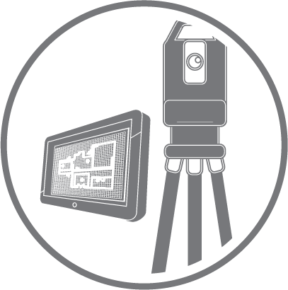 Un ícono gris de una cámara sobre un trípode que captura una imagen de un mapa o diagrama (posiblemente representando el aeropuerto de la Ciudad de México), todo ello encerrado dentro de un borde circular.
