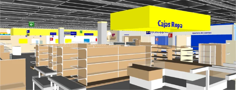 Representación digital del interior de una Tienda Coppel Brisas con estanterías y cajas vacías. Del techo cuelgan carteles amarillos brillantes con texto en azul. El espacio parece limpio y organizado