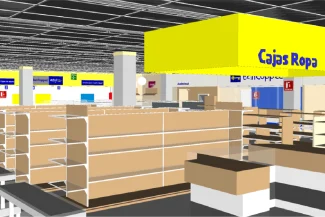 Una imagen renderizada en 3D de Tienda Coppel Brisas muestra el interior de una tienda minorista con estanterías vacías, cajas registradoras y carteles amarillos brillantes de "Cajas Ropa". El techo de rejilla negra y las señales de dirección realzan el espacio listo para el escaneo.