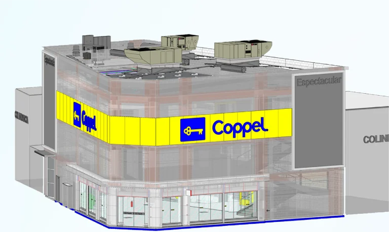 Representación digital de una moderna Tienda Coppel Brisas de dos plantas con rótulos en amarillo y azul brillantes, grandes ventanales de cristal y unidades de calefacción, ventilación y aire acondicionado en el tejado. La señalización adyacente reza "Espectacular" y "COLIND". La tecnología Escaneo mejora la vista detallada