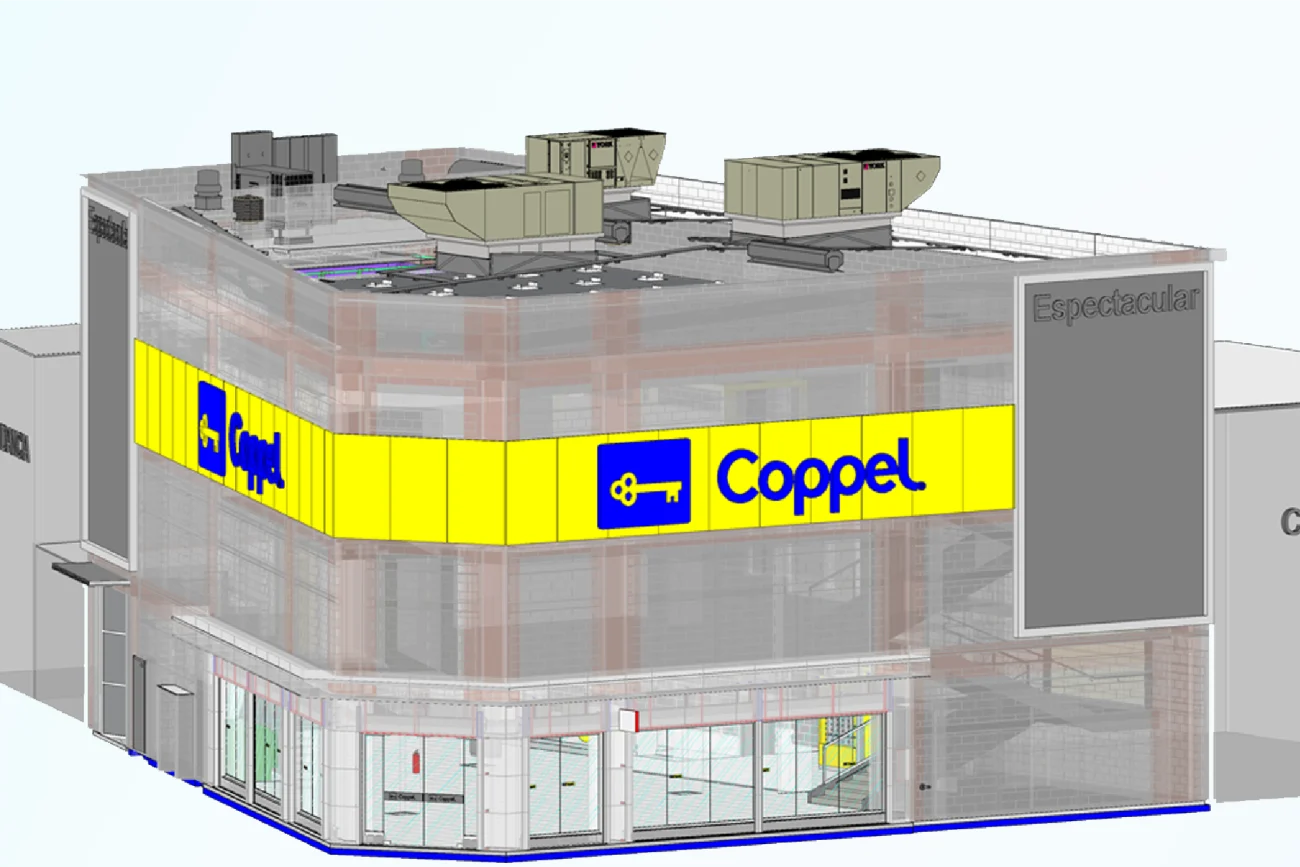 Render digital de Tienda Coppel Brisas con un gran letrero amarillo y azul en la esquina, unidades de climatización en el tejado y ventanas de cristal en la planta baja. La palabra Espectacular aparece en la fachada superior, destacando sus características únicas de escaneo.