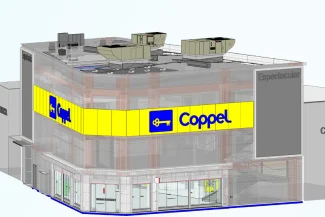 Render digital de Tienda Coppel Brisas con un gran letrero amarillo y azul en la esquina, unidades de climatización en el tejado y ventanas de cristal en la planta baja. La palabra Espectacular aparece en la fachada superior, destacando sus características únicas de escaneo.