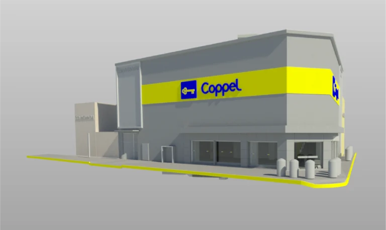 Un renderizado en 3D de la Tienda Coppel Brisas muestra una tienda moderna con fachada gris, grandes bandas amarillas con el logotipo de Coppel y puertas de entrada de cristal en una esquina