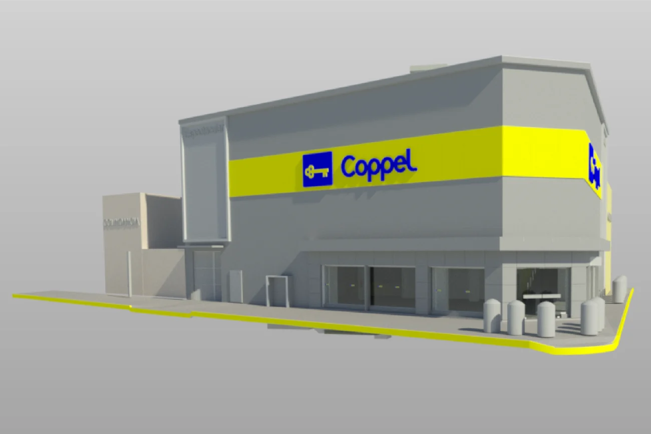 Imagen renderizada en 3D de la moderna Tienda Coppel Brisas, con un exterior gris, grandes ventanales y un rótulo amarillo brillante con el logotipo de Coppel en dos de sus lados. La acera rodea la entrada de la esquina, detalle capturado para escaneo digital.