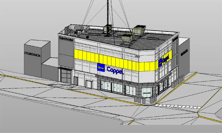 Render en 3D de una Tienda Coppel Brisas de dos plantas en la esquina de una calle, con grandes carteles amarillos con el logotipo de Coppel en las ventanas y el exterior, rodeada de aceras y edificios adyacentes,
