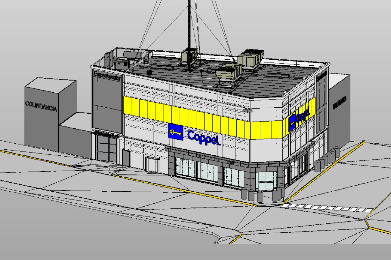 Un modelo renderizado en 3D de la Tienda Coppel Brisas en la esquina de una calle, con detalles amarillos y logotipos de Coppel. La estructura tiene grandes ventanales, equipamiento en la azotea y está flanqueada por edificios adyacentes, perfecto para proyectos de escaneo.