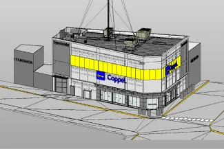 Un modelo renderizado en 3D de la Tienda Coppel Brisas en la esquina de una calle, con detalles amarillos y logotipos de Coppel. La estructura tiene grandes ventanales, equipamiento en la azotea y está flanqueada por edificios adyacentes, perfecto para proyectos de escaneo.