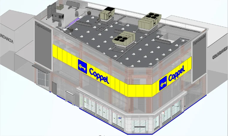 Imagen renderizada en 3D de la Tienda Coppel Brisas en la esquina de una calle, con un destacado rótulo amarillo con el logotipo de Coppel, escaparates de cristal y unidades de climatización y maquinaria visibles en el tejado