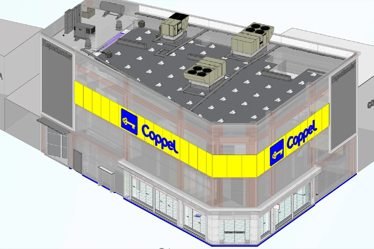 Representación en 3D de la Tienda Coppel Brisas en la esquina de una calle, con grandes carteles amarillos con el logotipo de Coppel, escaparates de cristal y unidades de calefacción, ventilación y aire acondicionado en el tejado. También se aprecian los edificios circundantes y los detalles de Escaneo.