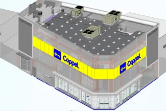 Representación en 3D de la Tienda Coppel Brisas en la esquina de una calle, con grandes carteles amarillos con el logotipo de Coppel, escaparates de cristal y unidades de calefacción, ventilación y aire acondicionado en el tejado. También se aprecian los edificios circundantes y los detalles de Escaneo.