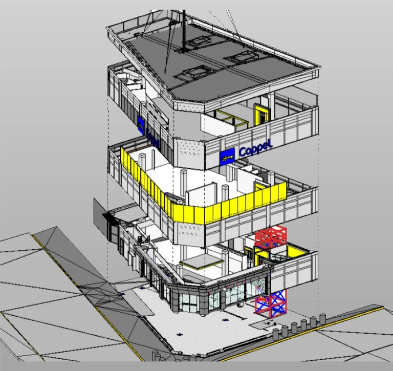 Se muestra un modelo digital en 3D del edificio Tienda Coppel Brisas en una vista explosionada, destacando los suelos interiores, las paredes y las columnas de soporte. Los signos Coppel etiquetados y algunas superficies se resaltan en amarillo y rojo para un análisis escaneo detallado