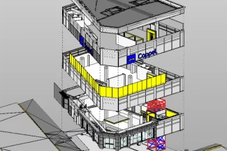 Un modelo digital en 3D muestra una vista en despiece de un edificio de varias plantas con secciones etiquetadas y componentes estructurales expuestos. En las paredes interiores se ven rótulos con la leyenda Tienda Coppel Brisas, que destacan los espacios comerciales identificados en el escaneo.