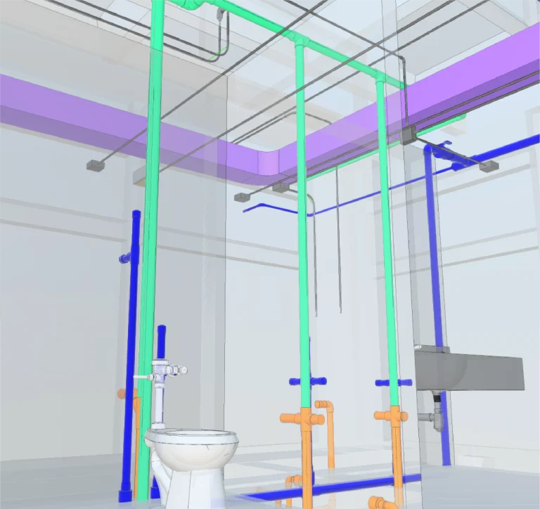 Modelo BIM del sistema de fontanería de un edificio, que muestra un inodoro, un lavabo y tuberías de colores detalladas para el agua y el desagüe dentro de paredes y techo semitransparentes de Tienda Coppel Brisas