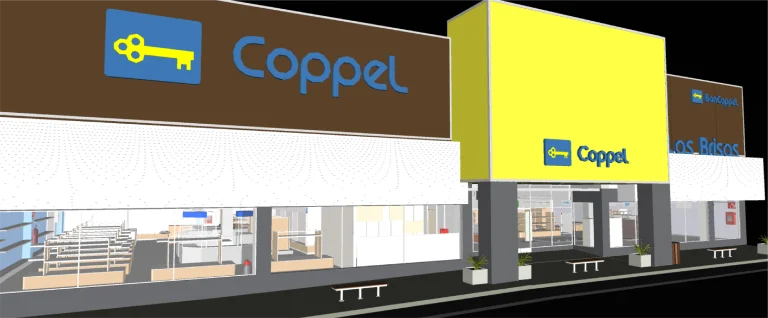 Modelo BIM de la Tienda Coppel Brisas muestra grandes rótulos azules y amarillos, puertas de cristal, escaparates y un interior visible con estanterías y mostradores, en el que destaca el uso de la tecnología Escaneo