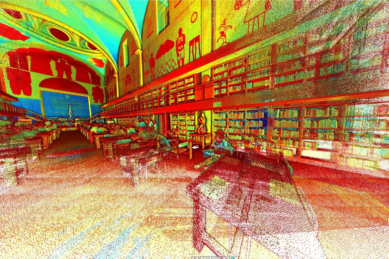 A colorful, digital pointillist rendering of the Ibero-American Library with high arched ceilings, rows of desks, tall bookshelves, and figures studying in a vibrant mix of reds, yellows, blues, and greens.