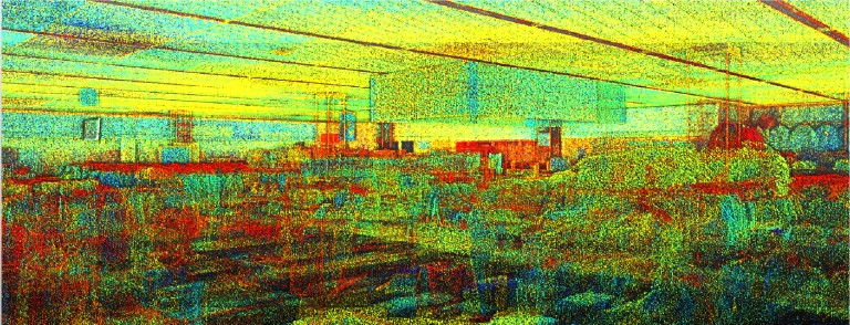 Nube de puntos del espacio interior de Tienda Coppel Brisas, con un techo amarillo brillante y puntos rojos, verdes y azules moteados formando estanterías y productos