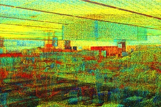 Una imagen digital de estilo puntillista de un gran espacio interior con hileras de escritorios y ordenadores, puntos de colores en amarillo, rojo, azul y verde crean un efecto vibrante y abstracto, inspirado en la bulliciosa energía de Tienda Coppel Brisas Escaneo.