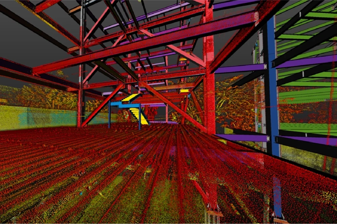 A digital rendering of a Residential Housing Development under construction, showing colorful steel beams, columns, and support structures. The scene is overlaid with Corteza point cloud data in red, yellow, green, and blue tones.