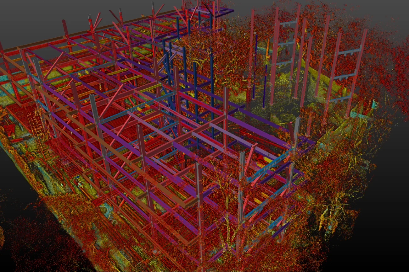 3D point cloud scan showing a building’s steel framework structure for a Corteza Residential Housing Development, rendered in vibrant colors like red, purple, blue, and yellow, with scattered points indicating nearby trees and terrain.